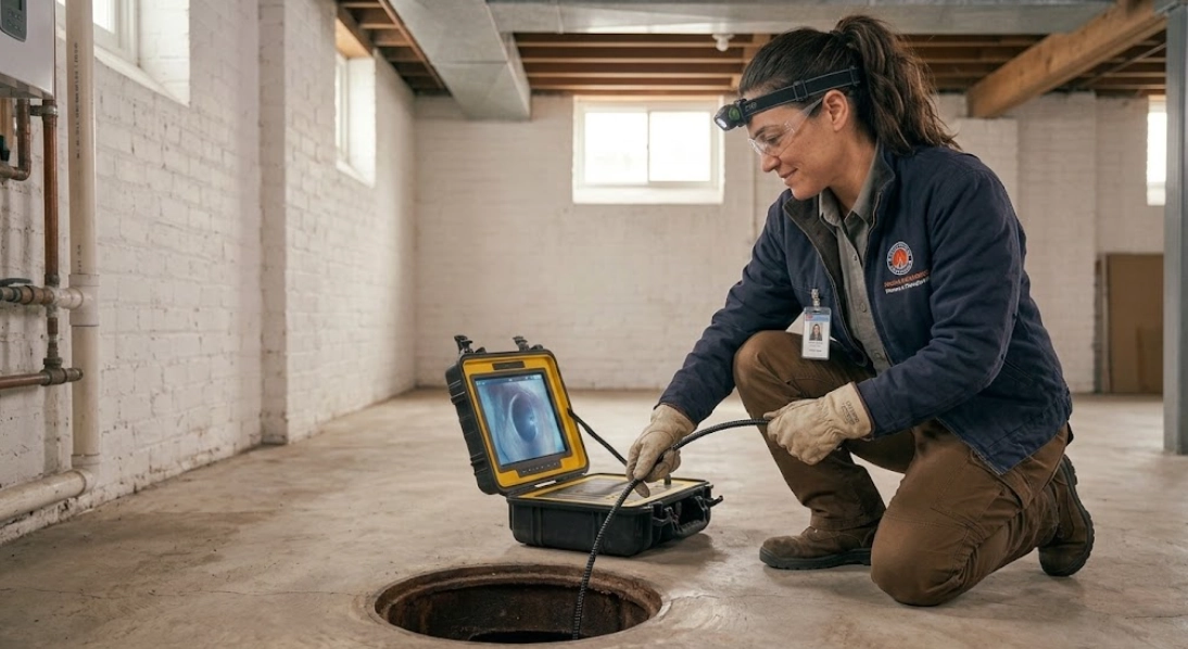 Fiber optic sewer camera inspection monitor showing interior pipe condition and root intrusion in Van Cortlandt Village Bronx