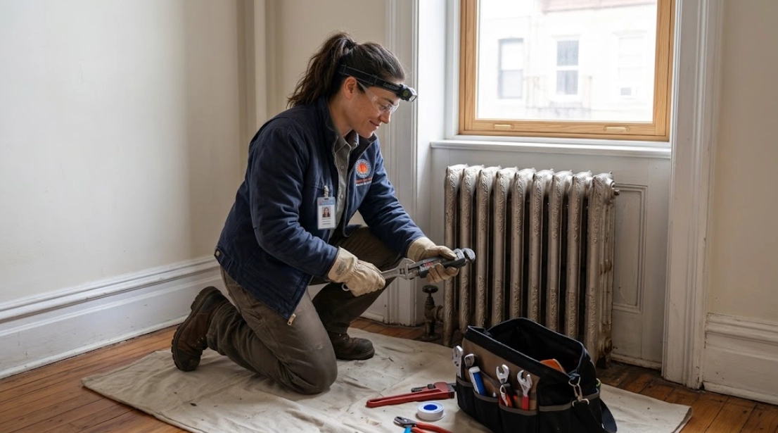 Plumber repairing a leaking steam radiator angle valve and air vent in an apartment